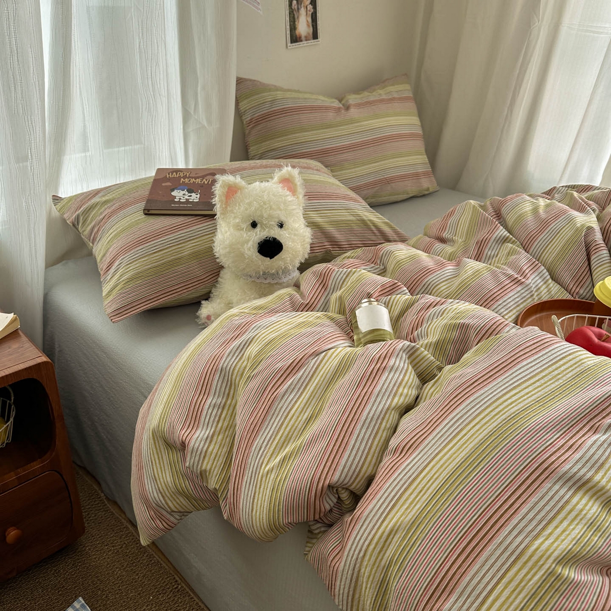 91家纺网 家纺一手货源 找家纺 思诺羽床笠 2026新款亲肤云朵双层纱无印风水洗棉三件套四件套 奶霜条