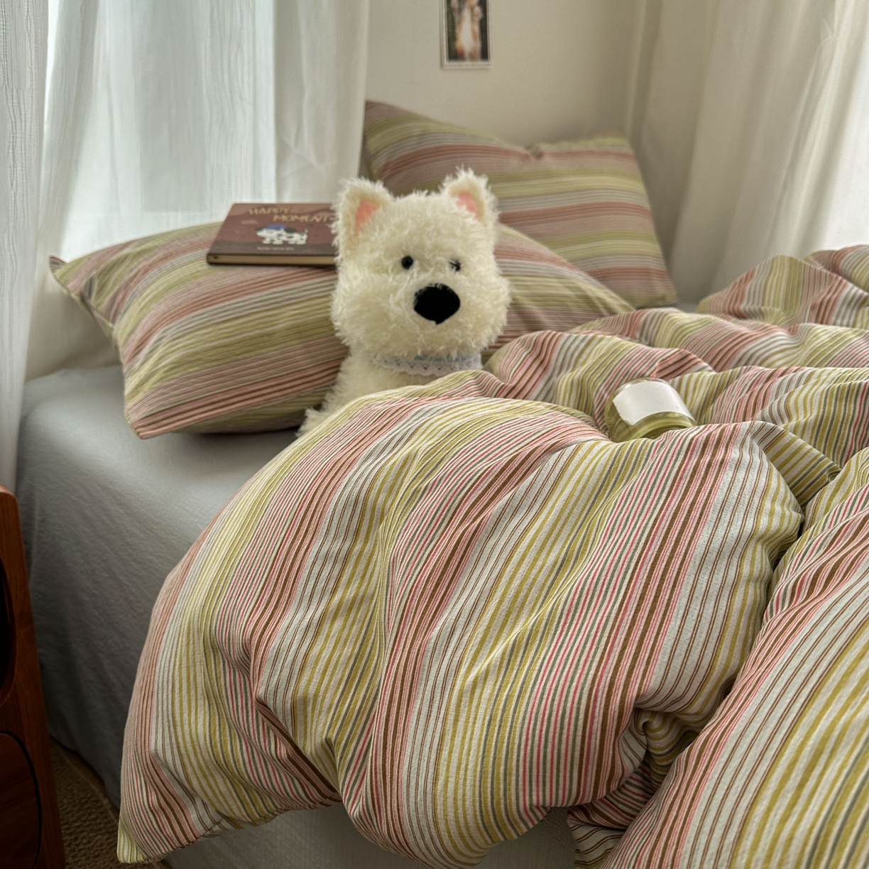 91家纺网 家纺一手货源 找家纺 思诺羽床笠 2026新款亲肤云朵双层纱无印风水洗棉三件套四件套 奶霜条