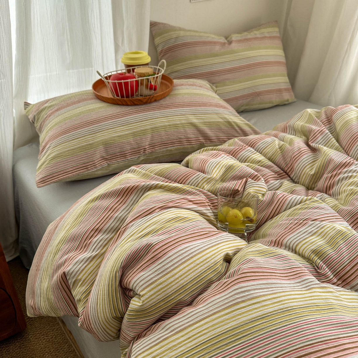 91家纺网 家纺一手货源 找家纺 思诺羽床笠 2026新款亲肤云朵双层纱无印风水洗棉三件套四件套 奶霜条