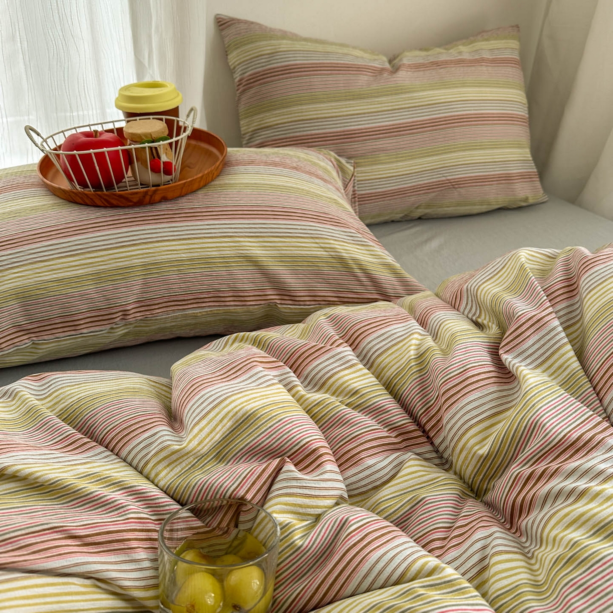 91家纺网 家纺一手货源 找家纺 思诺羽床笠 2026新款亲肤云朵双层纱无印风水洗棉三件套四件套 奶霜条