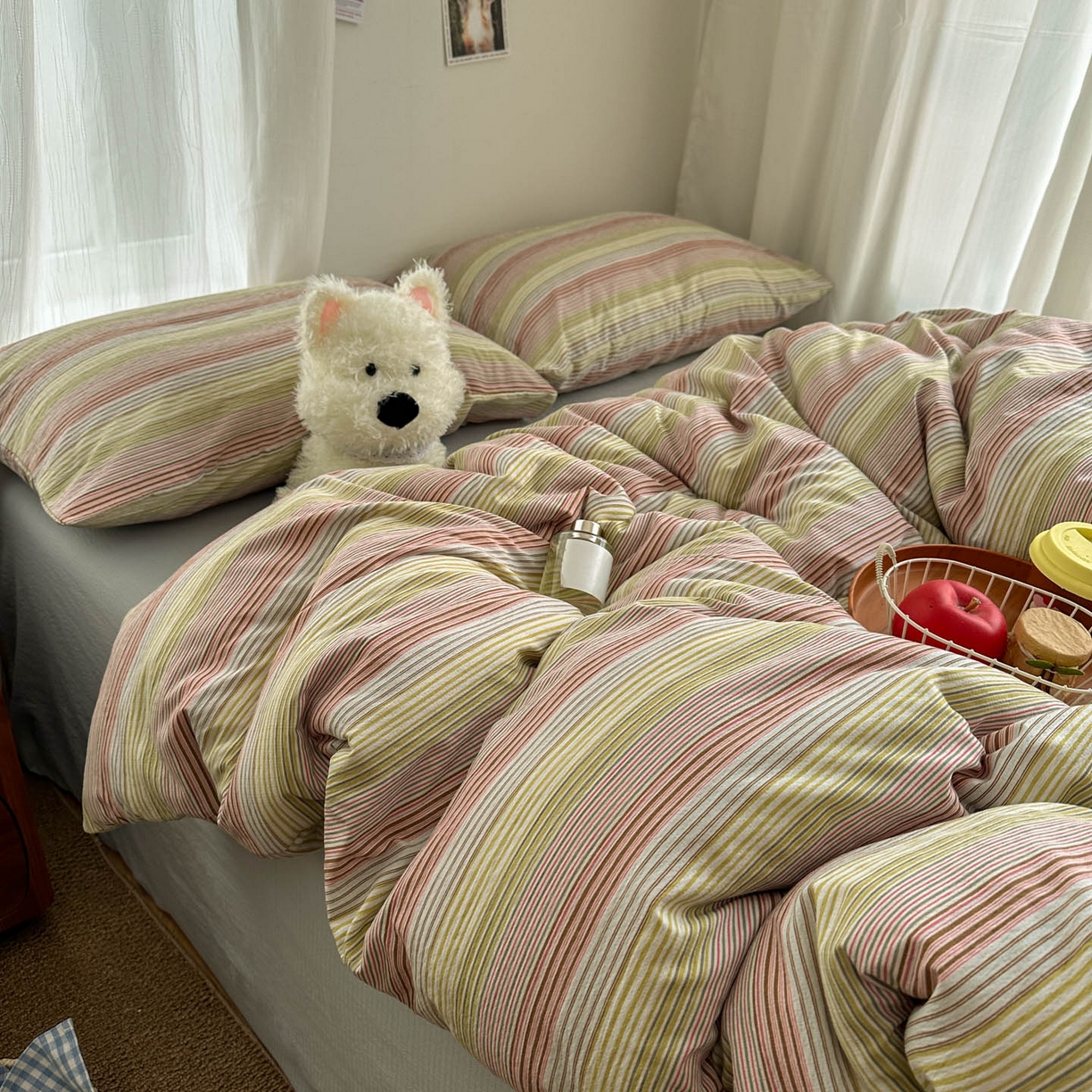 91家纺网 家纺一手货源 找家纺 思诺羽床笠 2026新款亲肤云朵双层纱无印风水洗棉三件套四件套 奶霜条