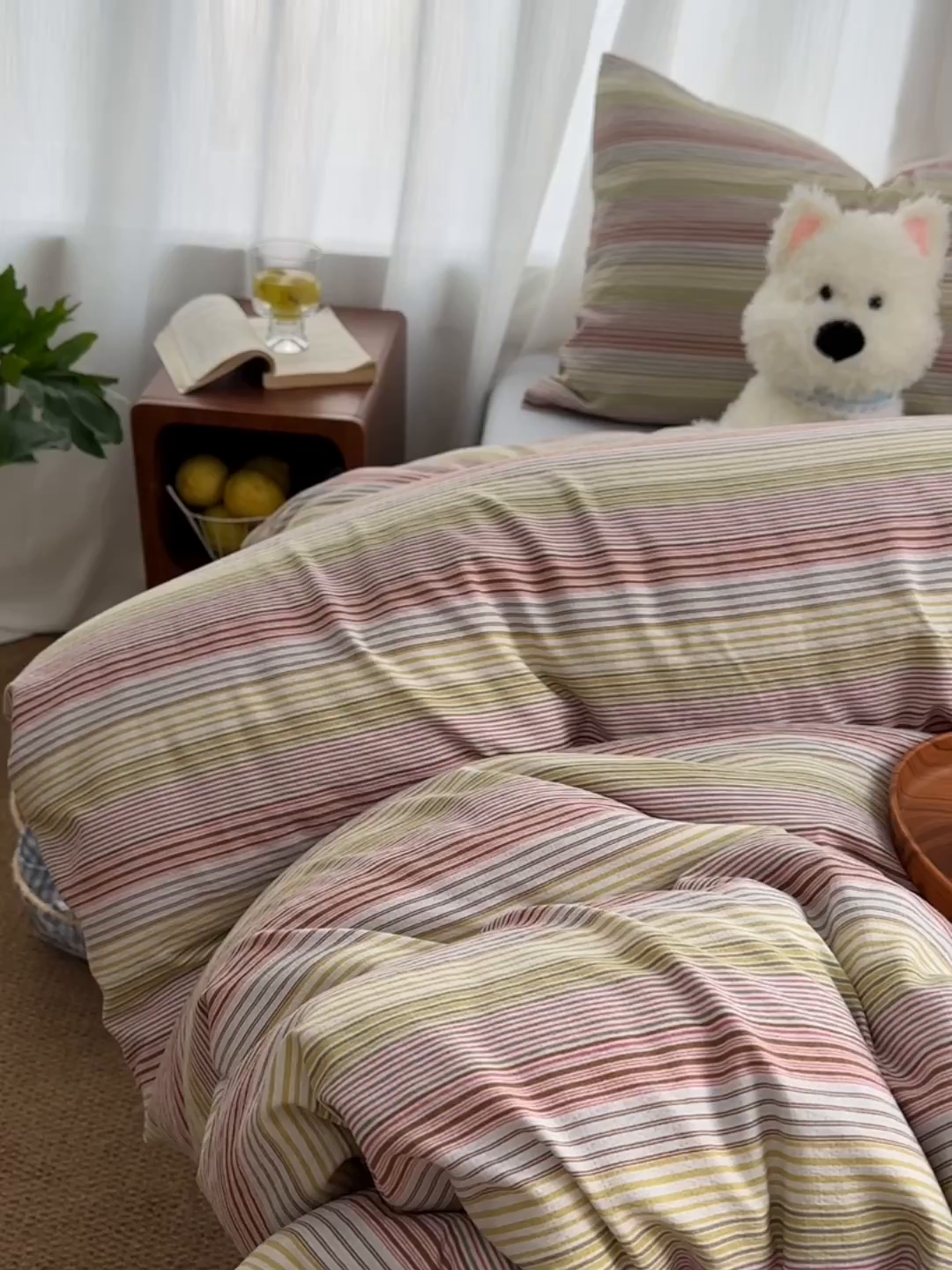 91家纺网 家纺一手货源 找家纺 思诺羽床笠 2026新款亲肤云朵双层纱无印风水洗棉三件套四件套 奶霜条