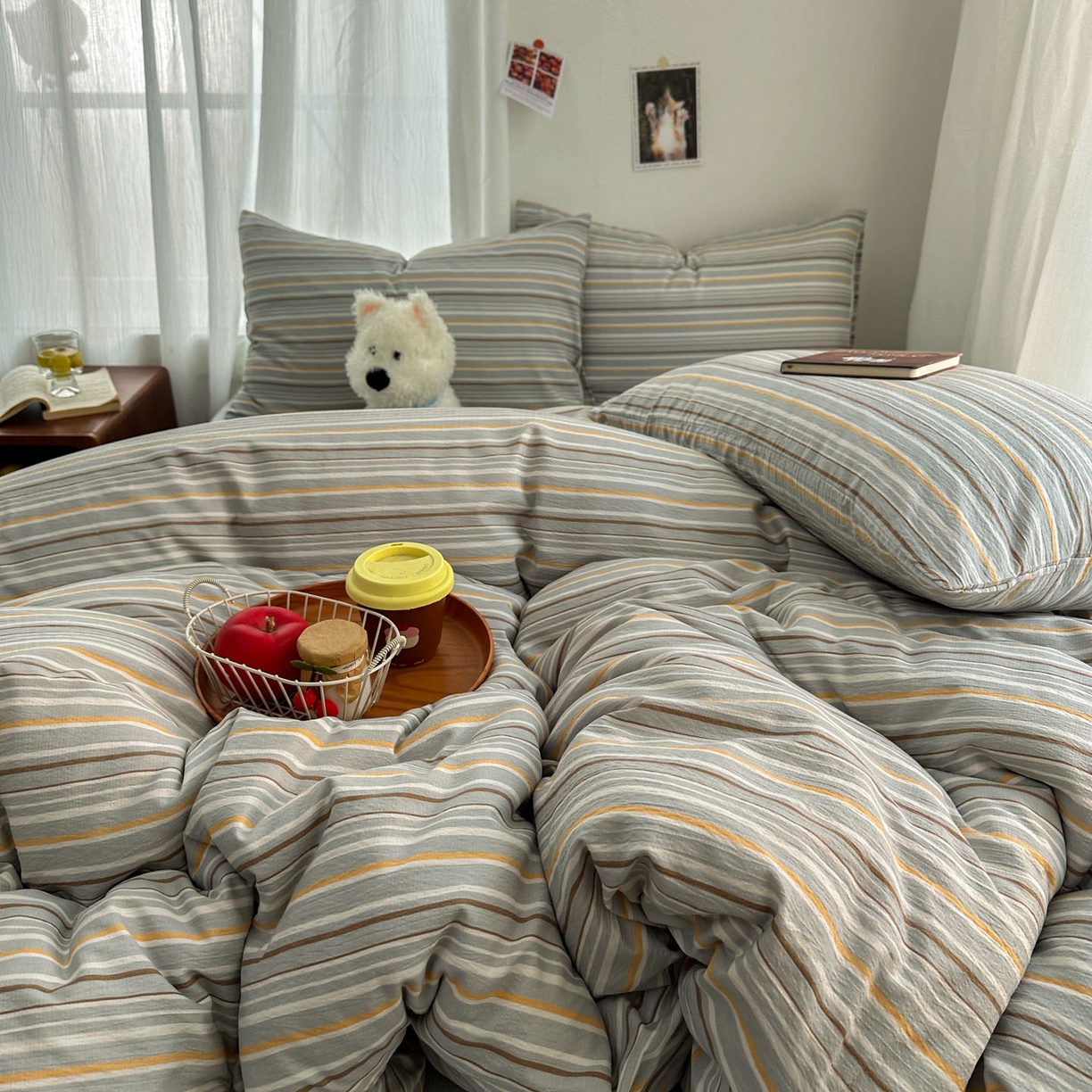 91家纺网 家纺一手货源 找家纺 思诺羽床笠 2026新款亲肤云朵双层纱无印风水洗棉三件套四件套 浅蓝条