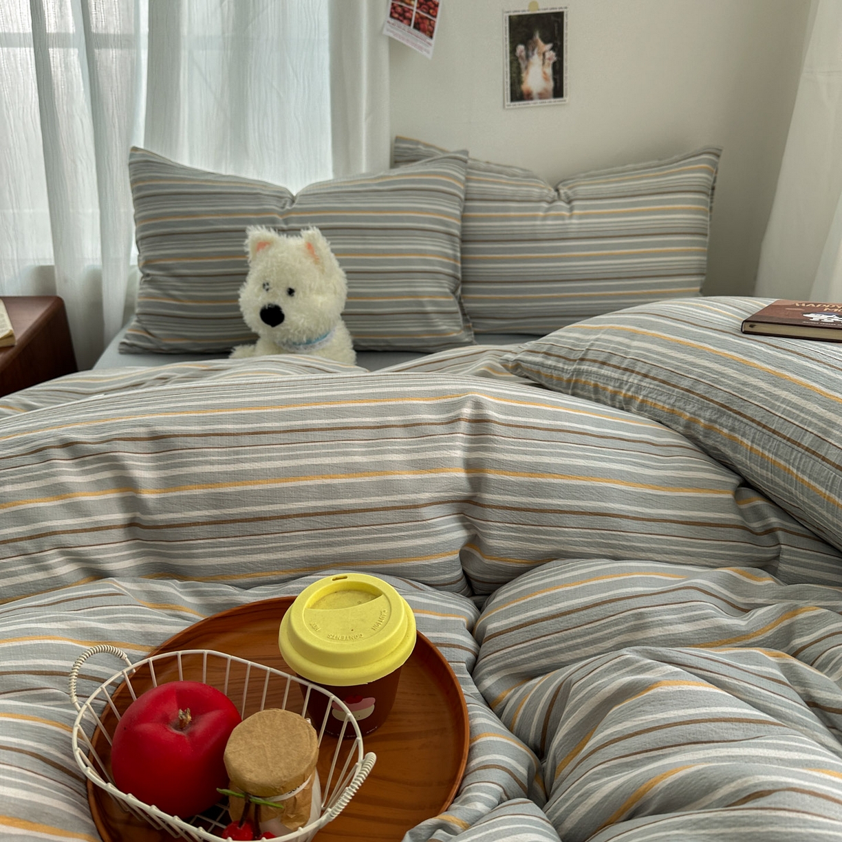 91家纺网 家纺一手货源 找家纺 思诺羽床笠 2026新款亲肤云朵双层纱无印风水洗棉三件套四件套 浅蓝条