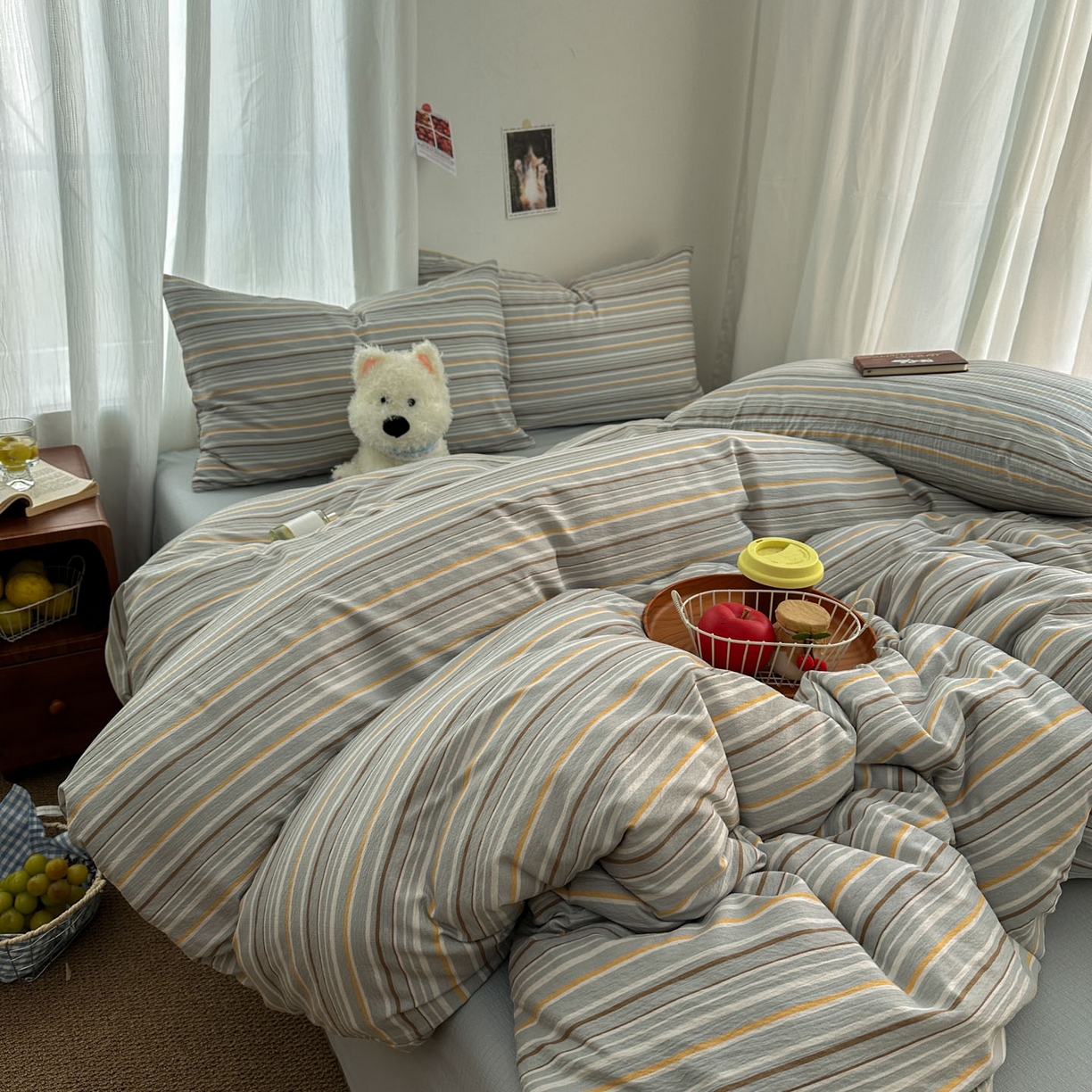 91家纺网 家纺一手货源 找家纺 思诺羽床笠 2026新款亲肤云朵双层纱无印风水洗棉三件套四件套 浅蓝条