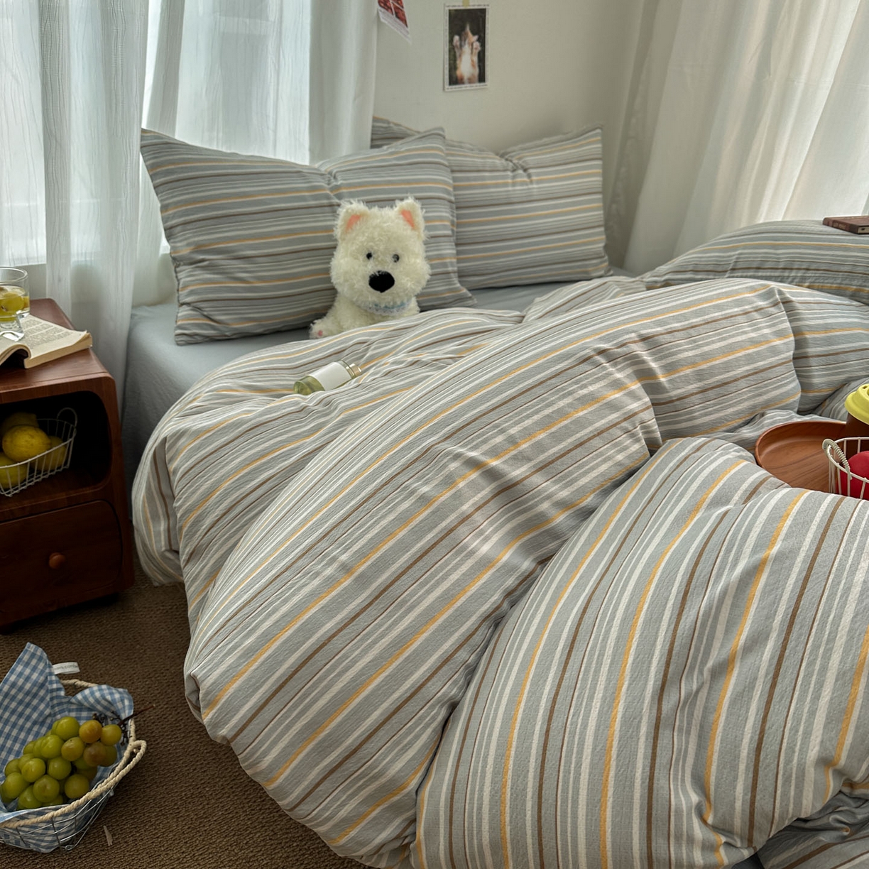 91家纺网 家纺一手货源 找家纺 思诺羽床笠 2026新款亲肤云朵双层纱无印风水洗棉三件套四件套 浅蓝条