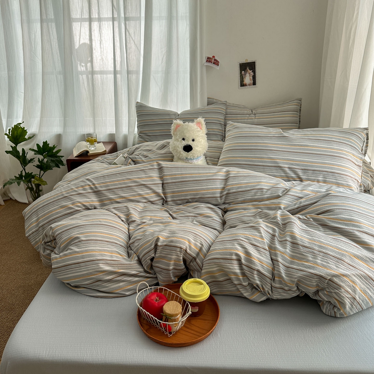 91家纺网 家纺一手货源 找家纺 思诺羽床笠 2026新款亲肤云朵双层纱无印风水洗棉三件套四件套 浅蓝条