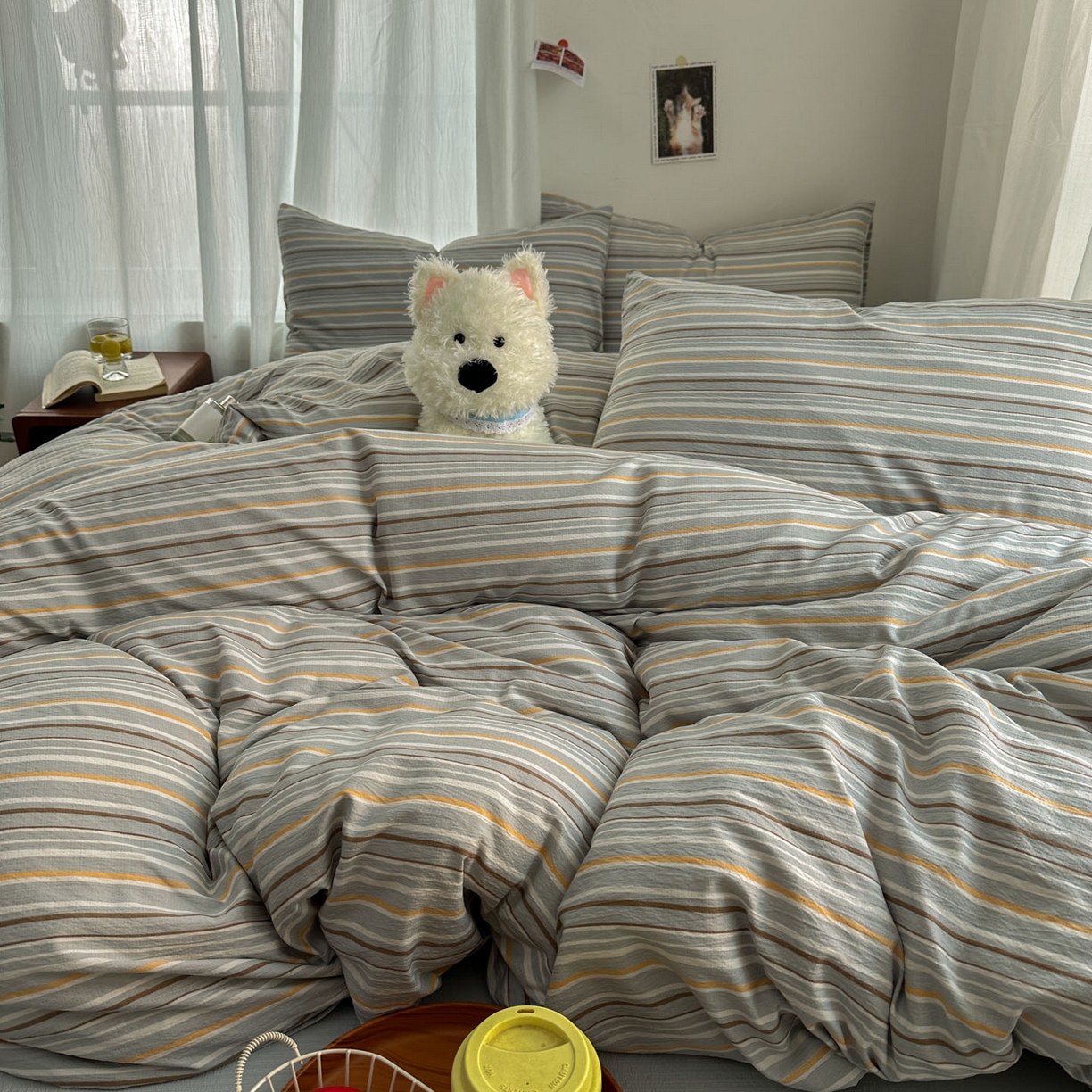 91家纺网 家纺一手货源 找家纺 思诺羽床笠 2026新款亲肤云朵双层纱无印风水洗棉三件套四件套 浅蓝条