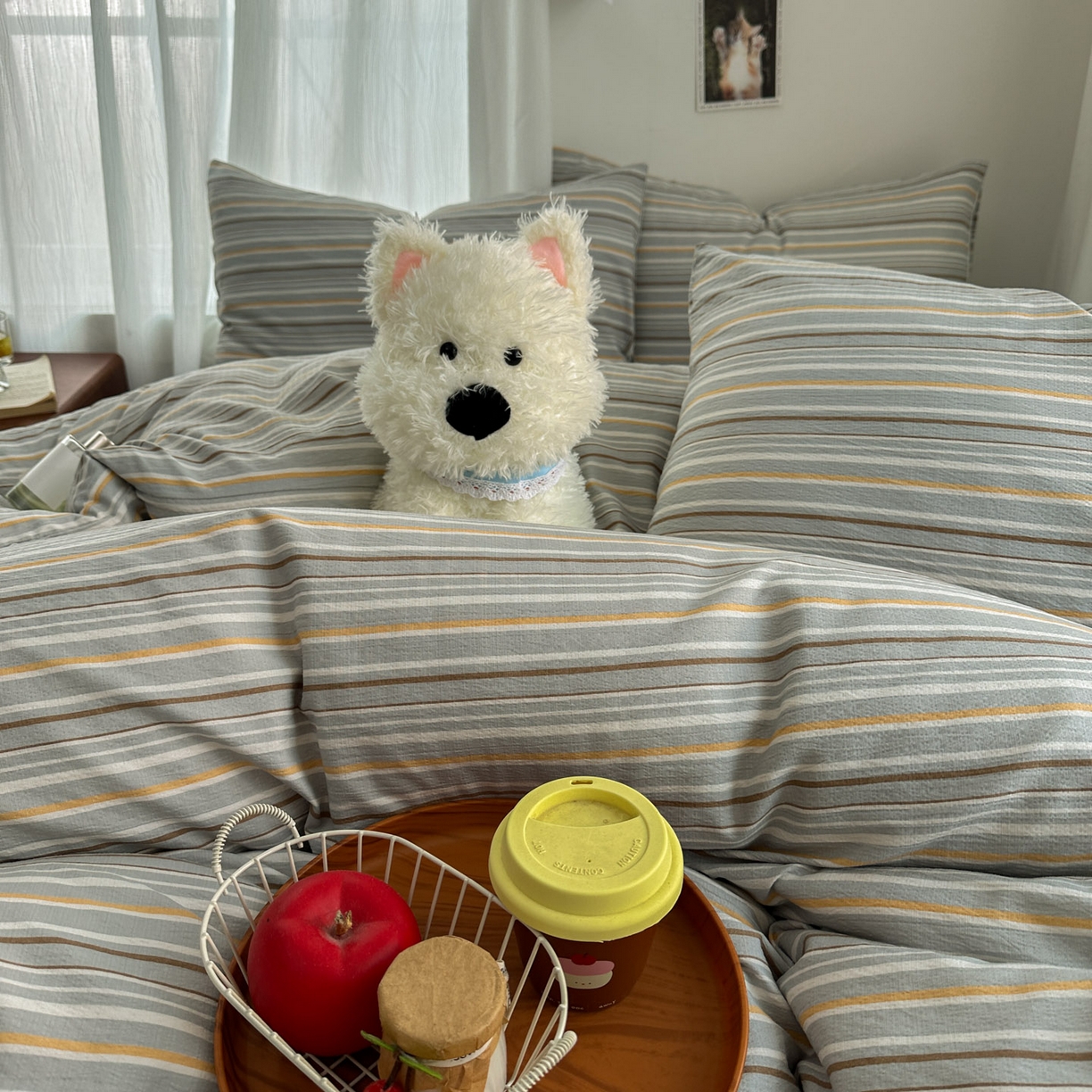 91家纺网 家纺一手货源 找家纺 思诺羽床笠 2026新款亲肤云朵双层纱无印风水洗棉三件套四件套 浅蓝条