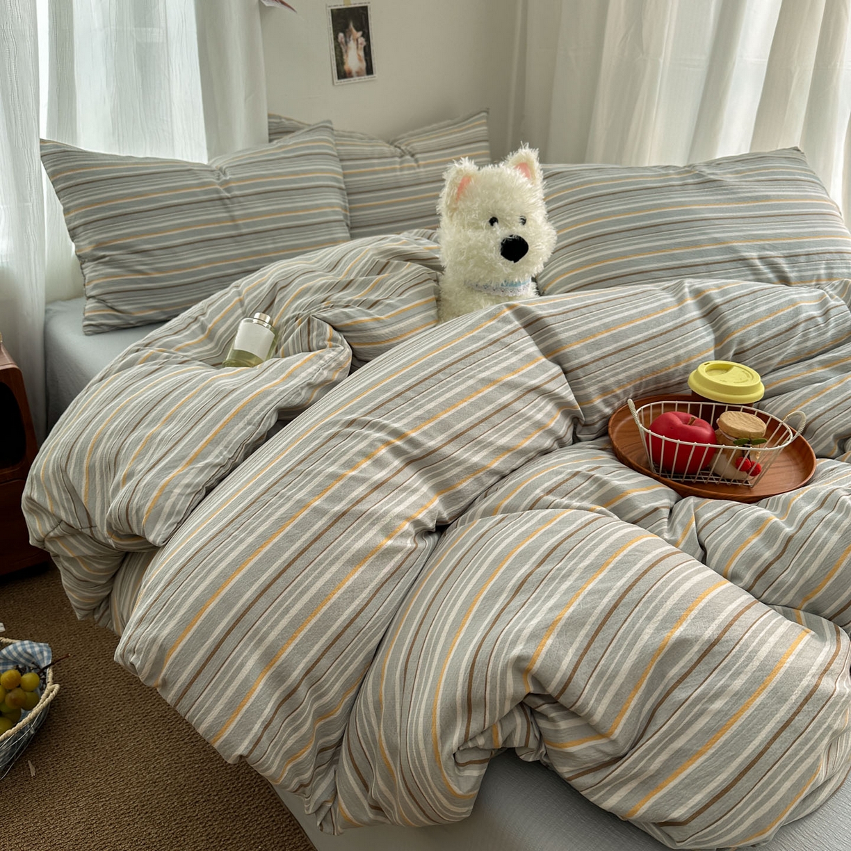 91家纺网 家纺一手货源 找家纺 思诺羽床笠 2026新款亲肤云朵双层纱无印风水洗棉三件套四件套 浅蓝条