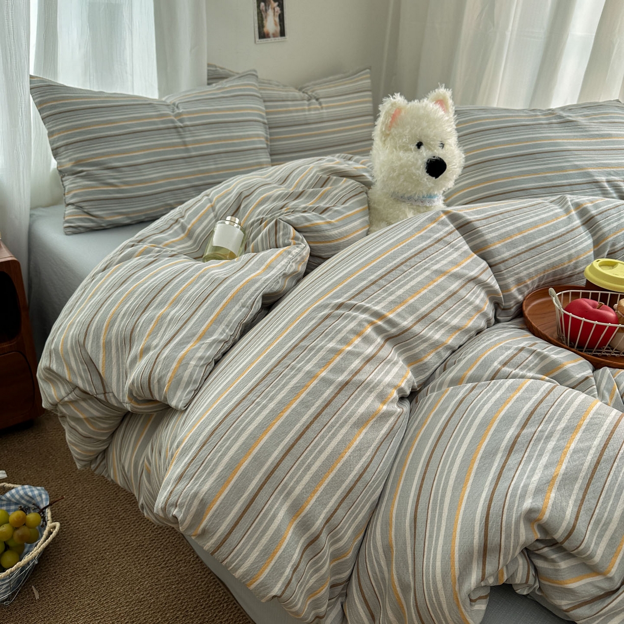 91家纺网 家纺一手货源 找家纺 思诺羽床笠 2026新款亲肤云朵双层纱无印风水洗棉三件套四件套 浅蓝条