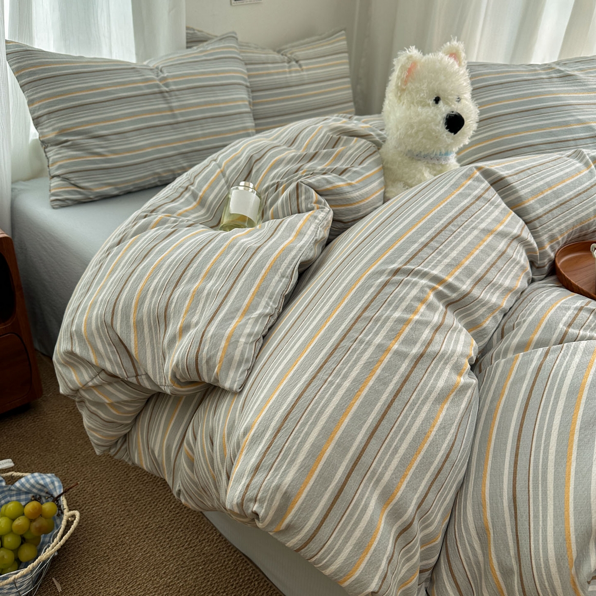 91家纺网 家纺一手货源 找家纺 思诺羽床笠 2026新款亲肤云朵双层纱无印风水洗棉三件套四件套 浅蓝条