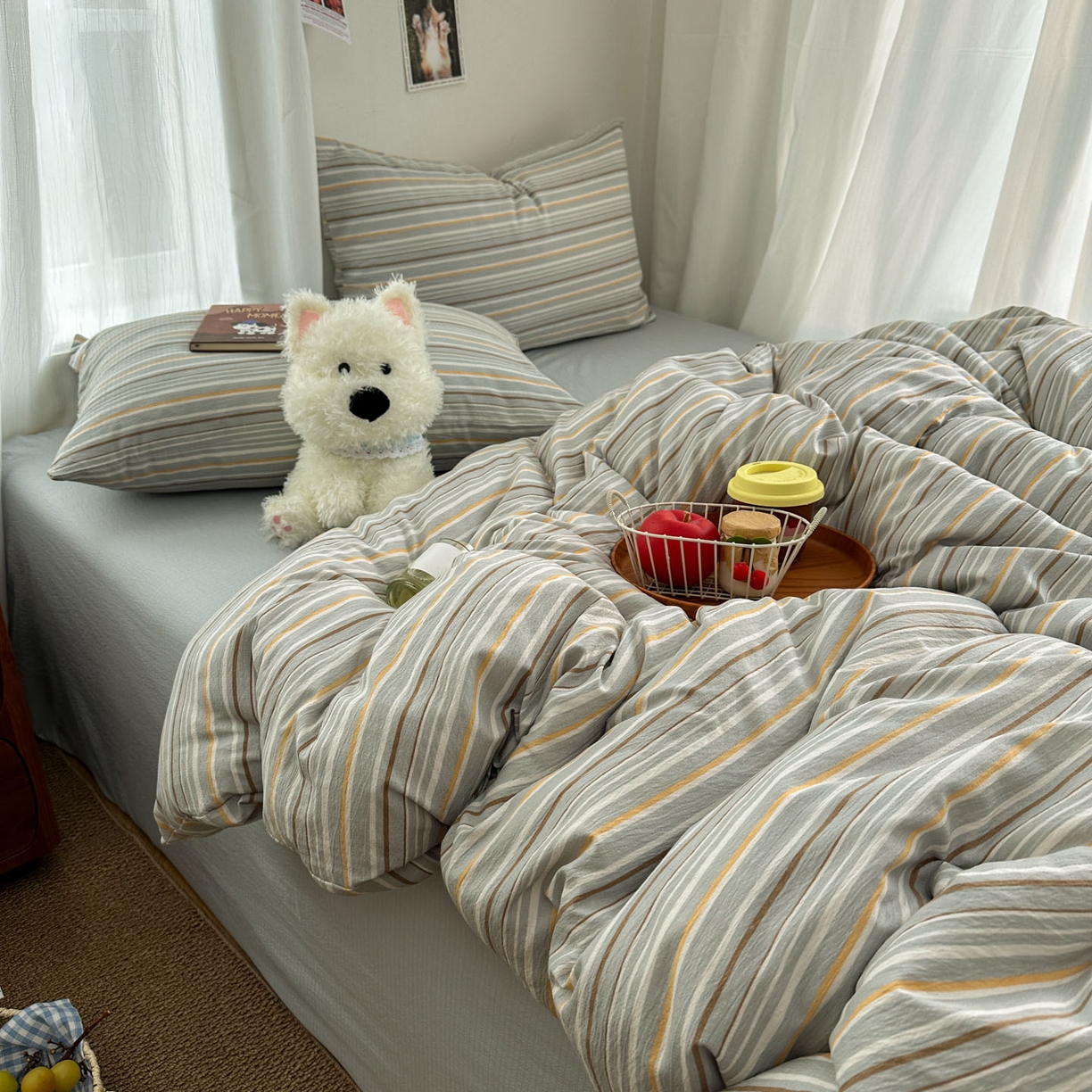 91家纺网 家纺一手货源 找家纺 思诺羽床笠 2026新款亲肤云朵双层纱无印风水洗棉三件套四件套 浅蓝条