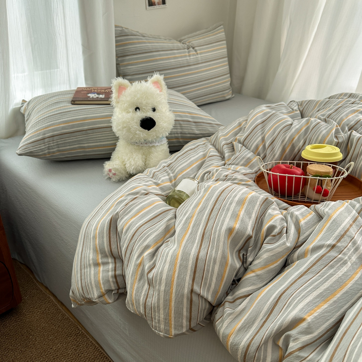 91家纺网 家纺一手货源 找家纺 思诺羽床笠 2026新款亲肤云朵双层纱无印风水洗棉三件套四件套 浅蓝条