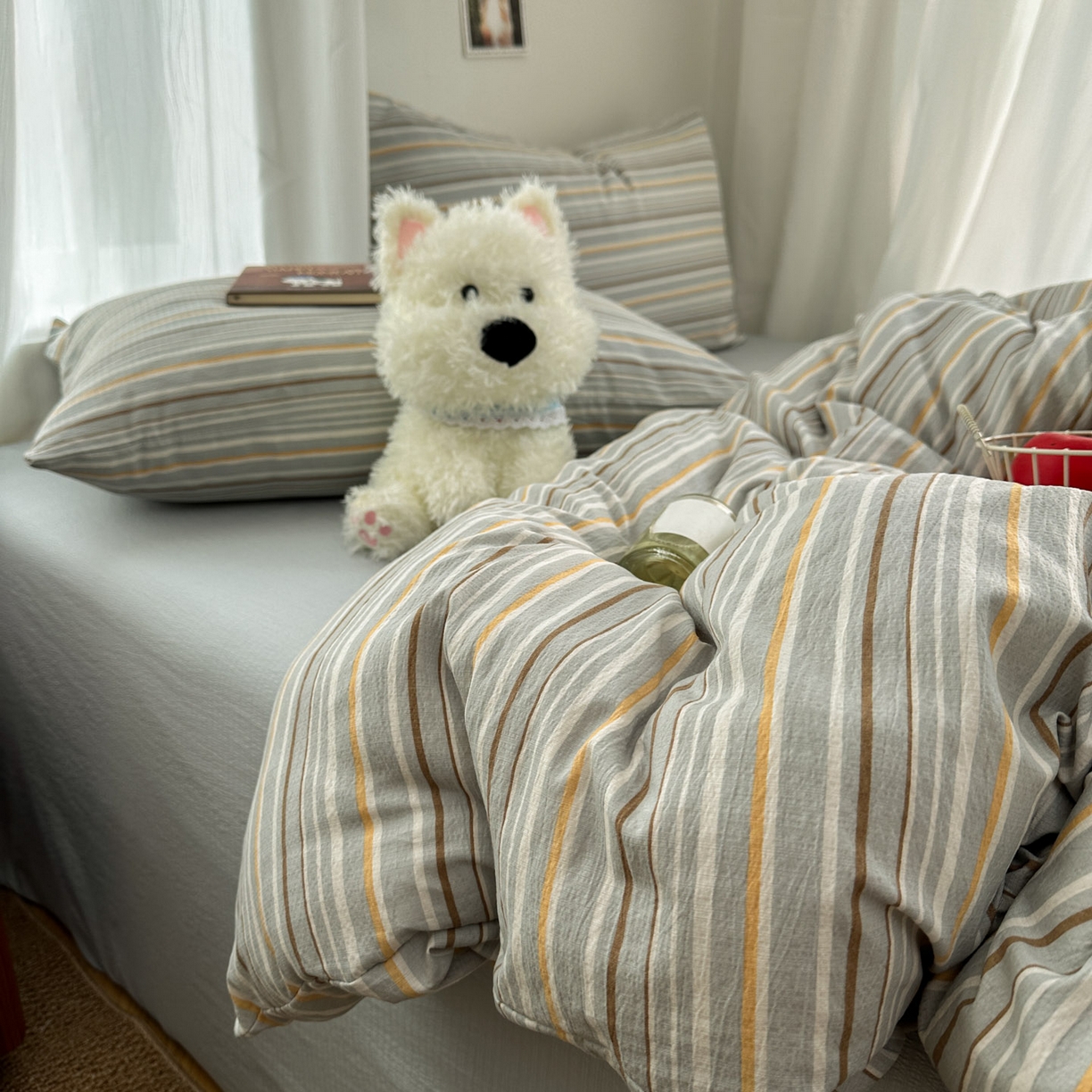 91家纺网 家纺一手货源 找家纺 思诺羽床笠 2026新款亲肤云朵双层纱无印风水洗棉三件套四件套 浅蓝条