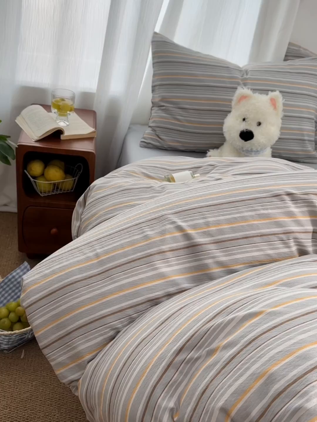 91家纺网 家纺一手货源 找家纺 思诺羽床笠 2026新款亲肤云朵双层纱无印风水洗棉三件套四件套 浅蓝条