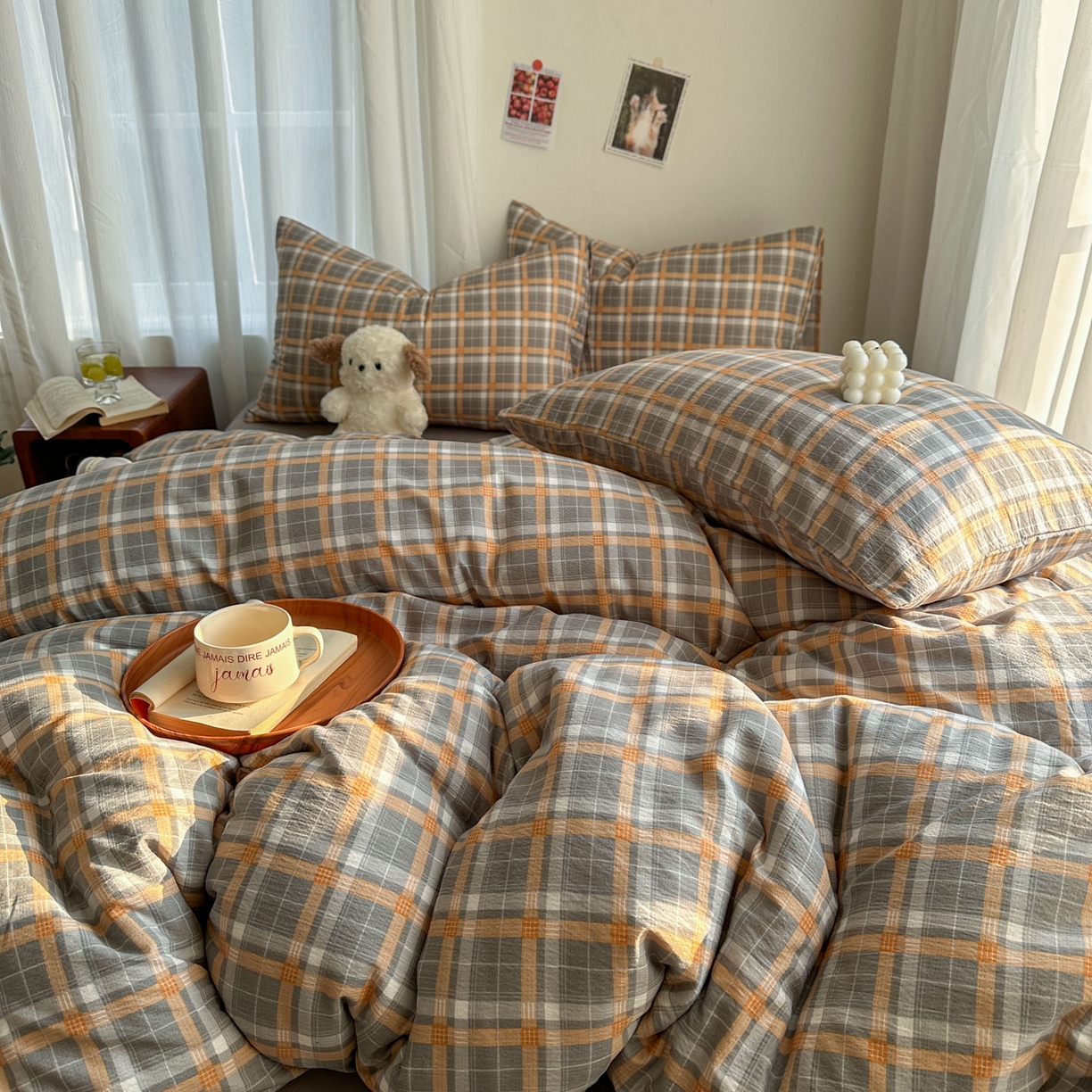 91家纺网 家纺一手货源 找家纺 思诺羽床笠 2026新款亲肤云朵双层纱无印风水洗棉三件套四件套 映像格