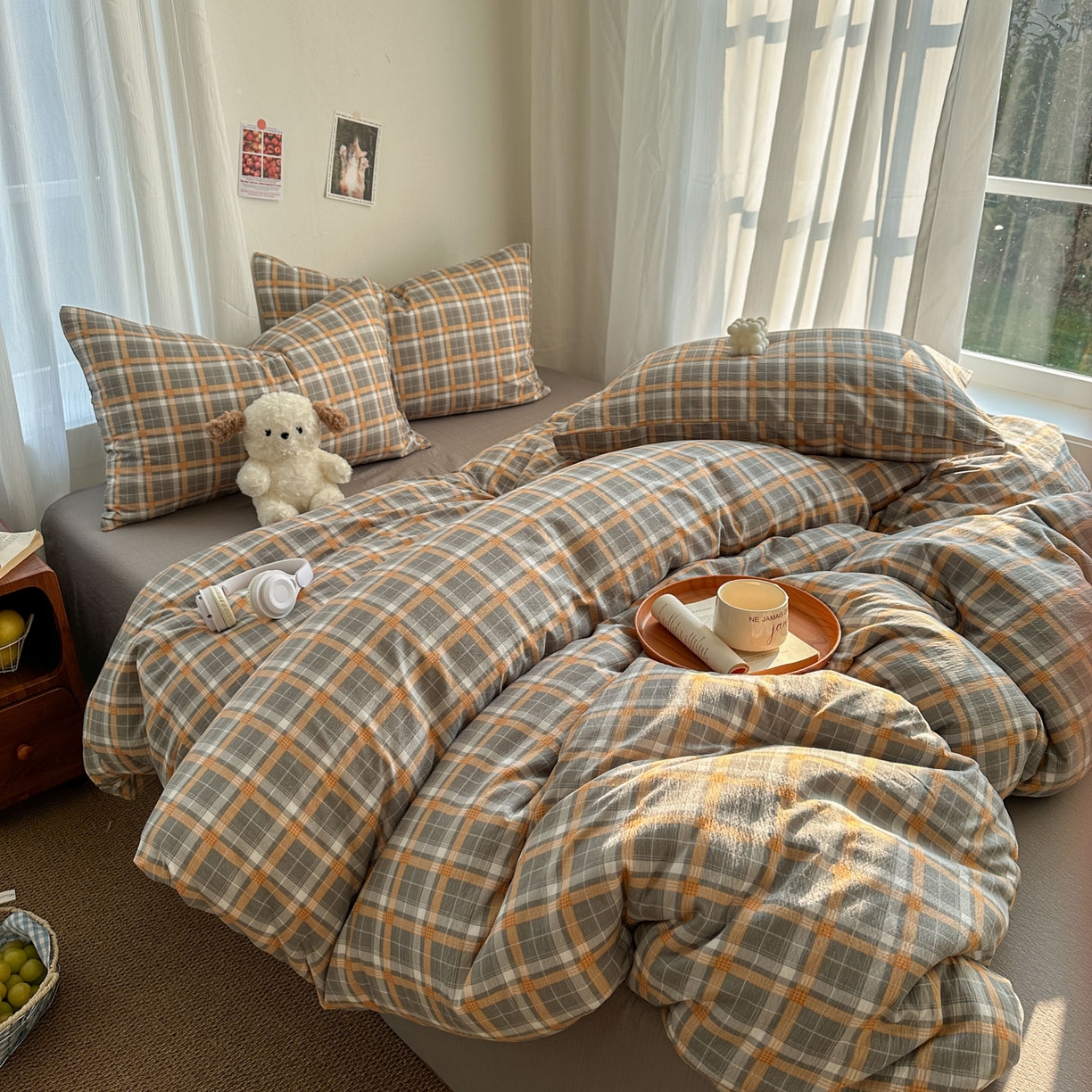 91家纺网 家纺一手货源 找家纺 思诺羽床笠 2026新款亲肤云朵双层纱无印风水洗棉三件套四件套 映像格