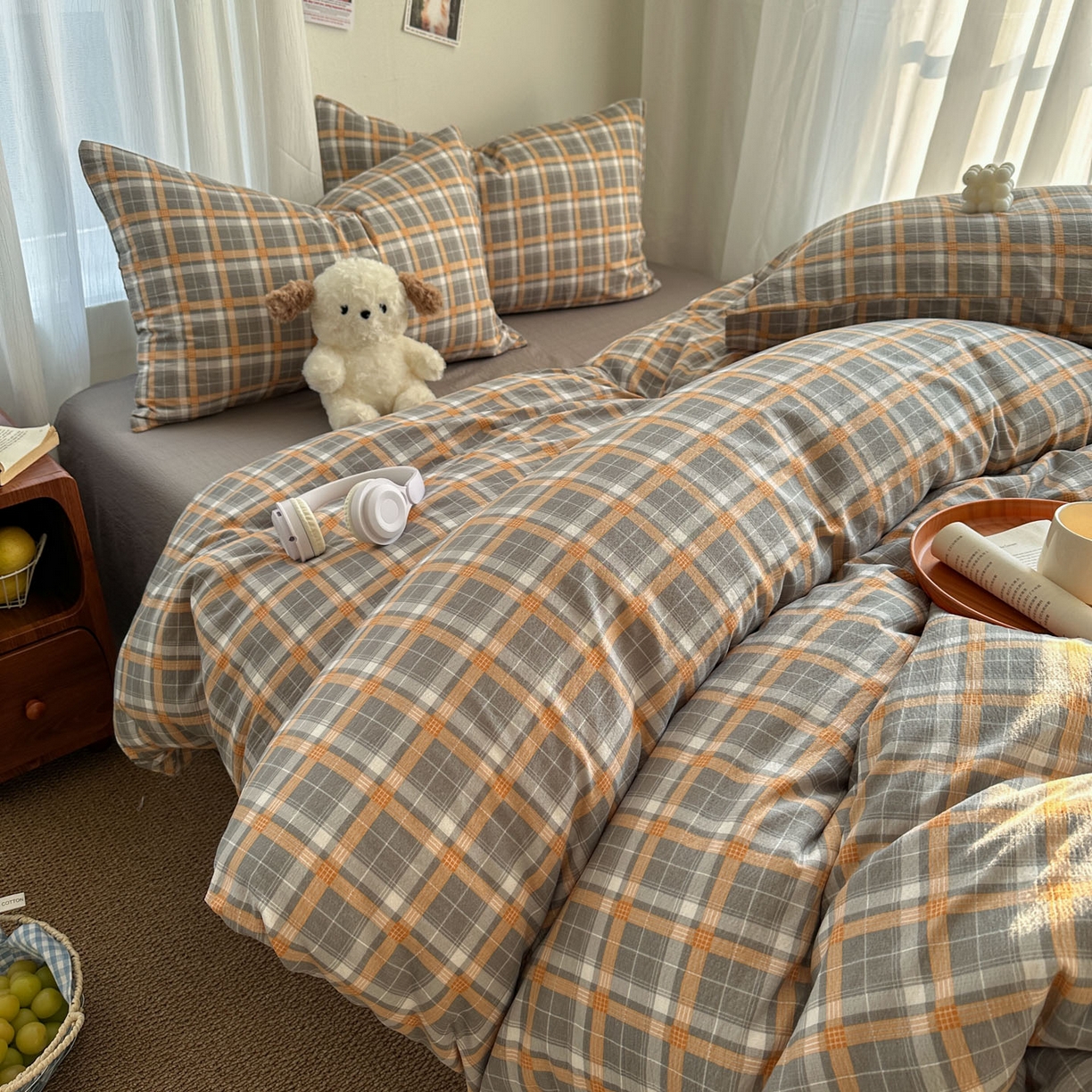 91家纺网 家纺一手货源 找家纺 思诺羽床笠 2026新款亲肤云朵双层纱无印风水洗棉三件套四件套 映像格