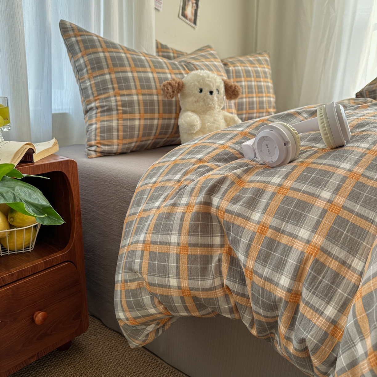 91家纺网 家纺一手货源 找家纺 思诺羽床笠 2026新款亲肤云朵双层纱无印风水洗棉三件套四件套 映像格