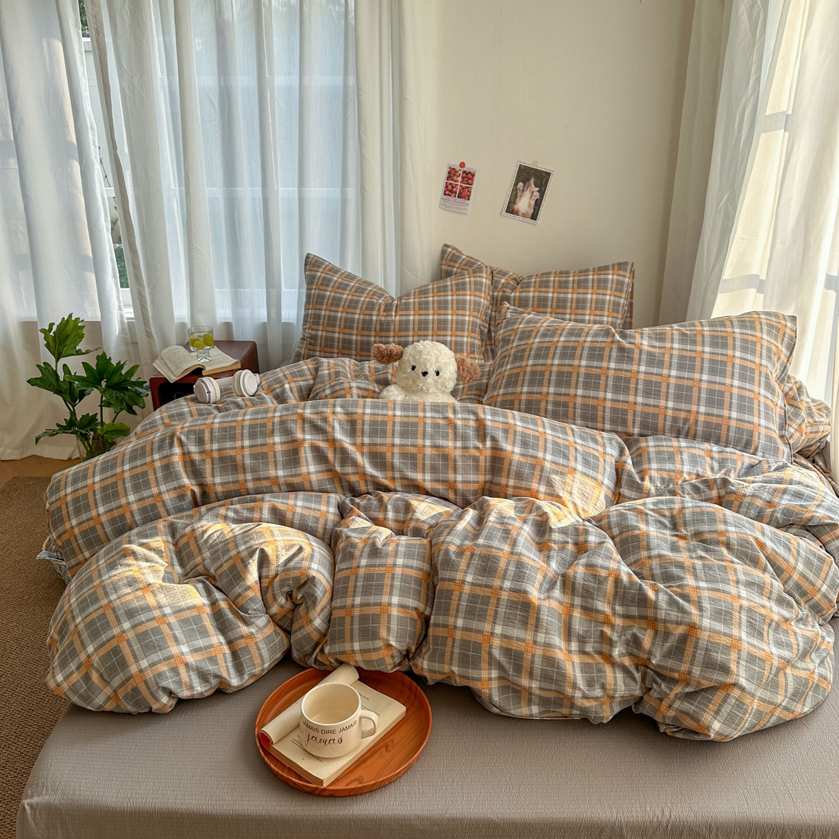 91家纺网 家纺一手货源 找家纺 思诺羽床笠 2026新款亲肤云朵双层纱无印风水洗棉三件套四件套 映像格