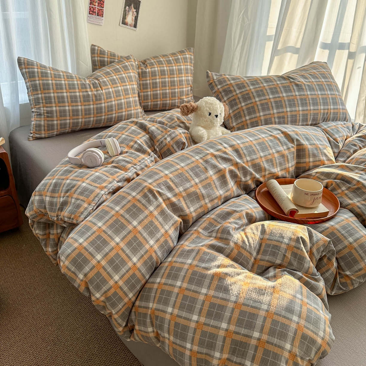 91家纺网 家纺一手货源 找家纺 思诺羽床笠 2026新款亲肤云朵双层纱无印风水洗棉三件套四件套 映像格