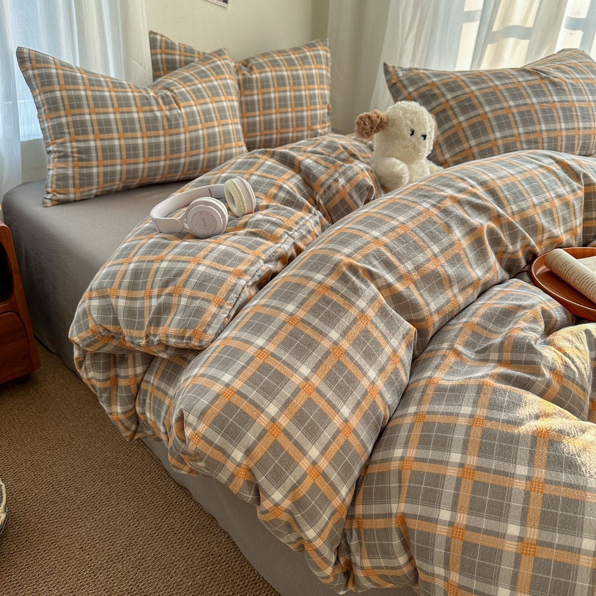 91家纺网 家纺一手货源 找家纺 思诺羽床笠 2026新款亲肤云朵双层纱无印风水洗棉三件套四件套 映像格