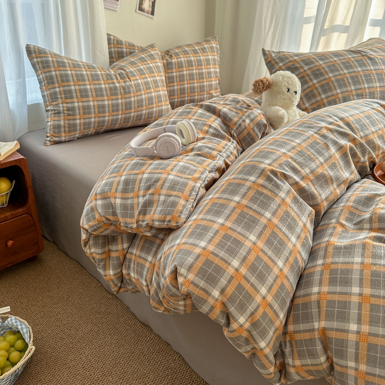 91家纺网 家纺一手货源 找家纺 思诺羽床笠 2026新款亲肤云朵双层纱无印风水洗棉三件套四件套 映像格