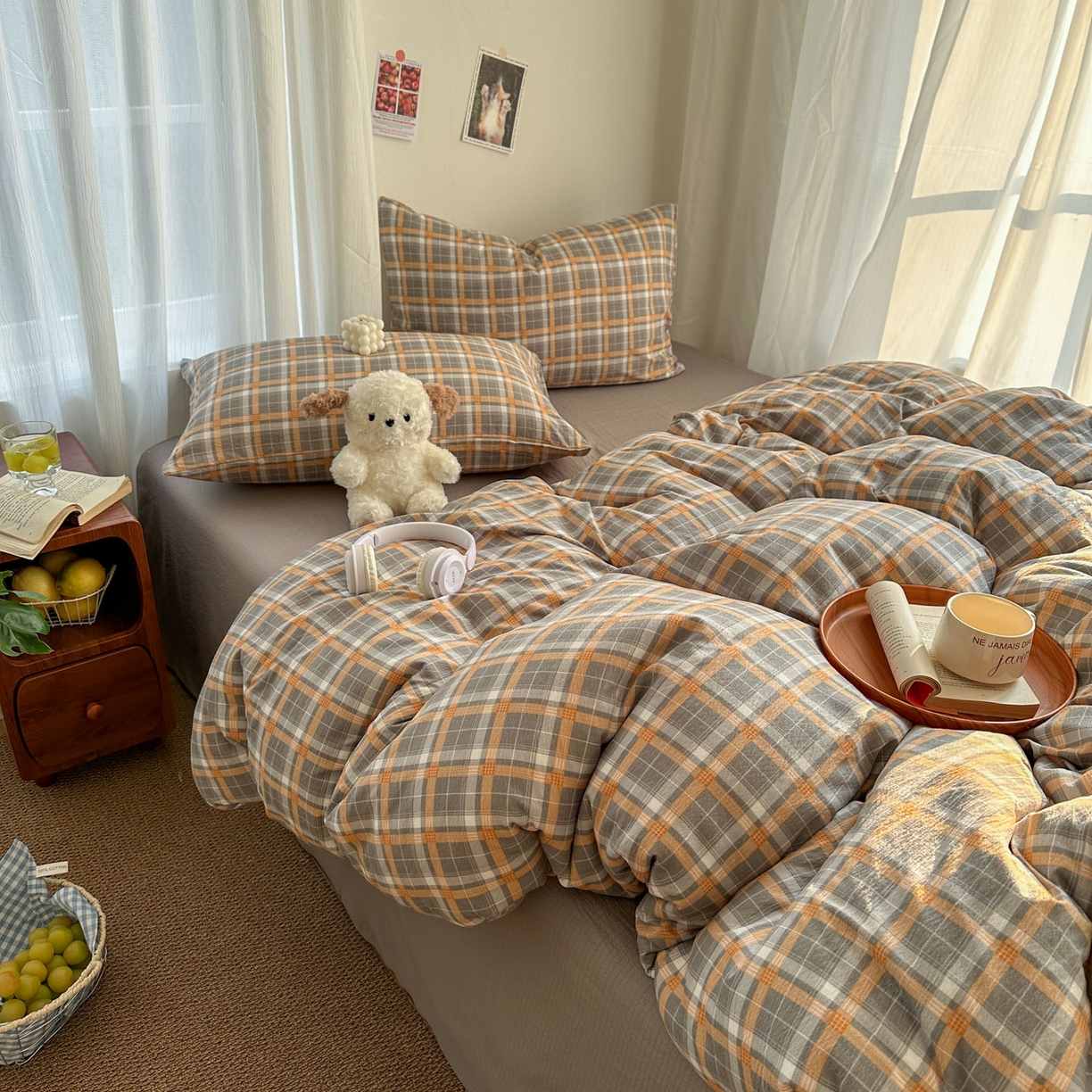 91家纺网 家纺一手货源 找家纺 思诺羽床笠 2026新款亲肤云朵双层纱无印风水洗棉三件套四件套 映像格