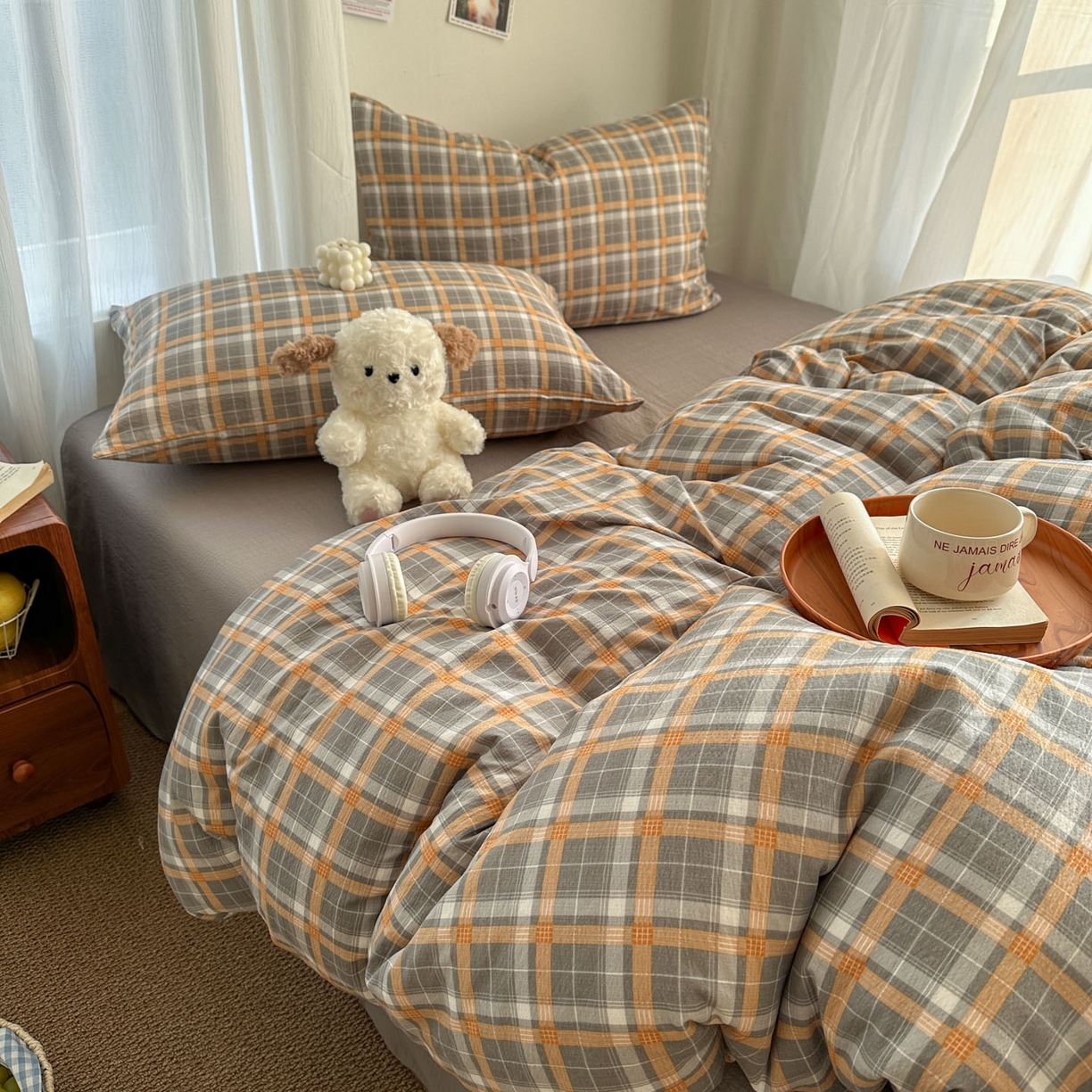 91家纺网 家纺一手货源 找家纺 思诺羽床笠 2026新款亲肤云朵双层纱无印风水洗棉三件套四件套 映像格