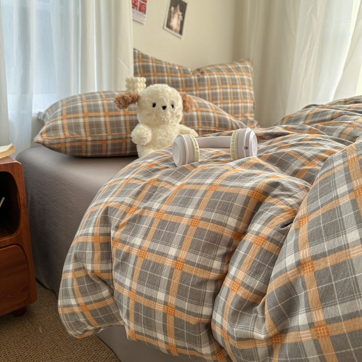 91家纺网 家纺一手货源 找家纺 思诺羽床笠 2026新款亲肤云朵双层纱无印风水洗棉三件套四件套 映像格