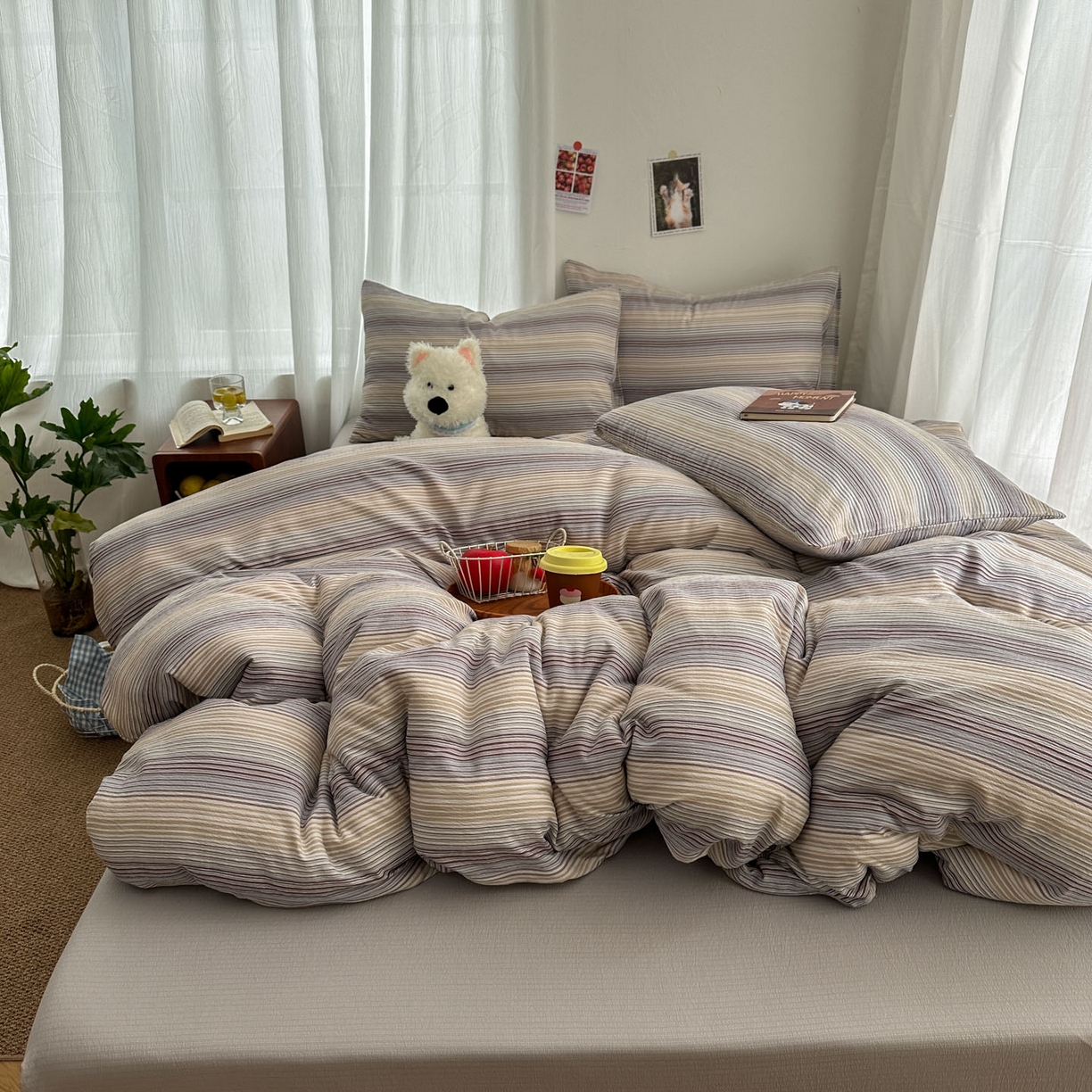 思诺羽床笠 2026新款亲肤云朵双层纱无印风水洗棉三件套四件套 云纱条