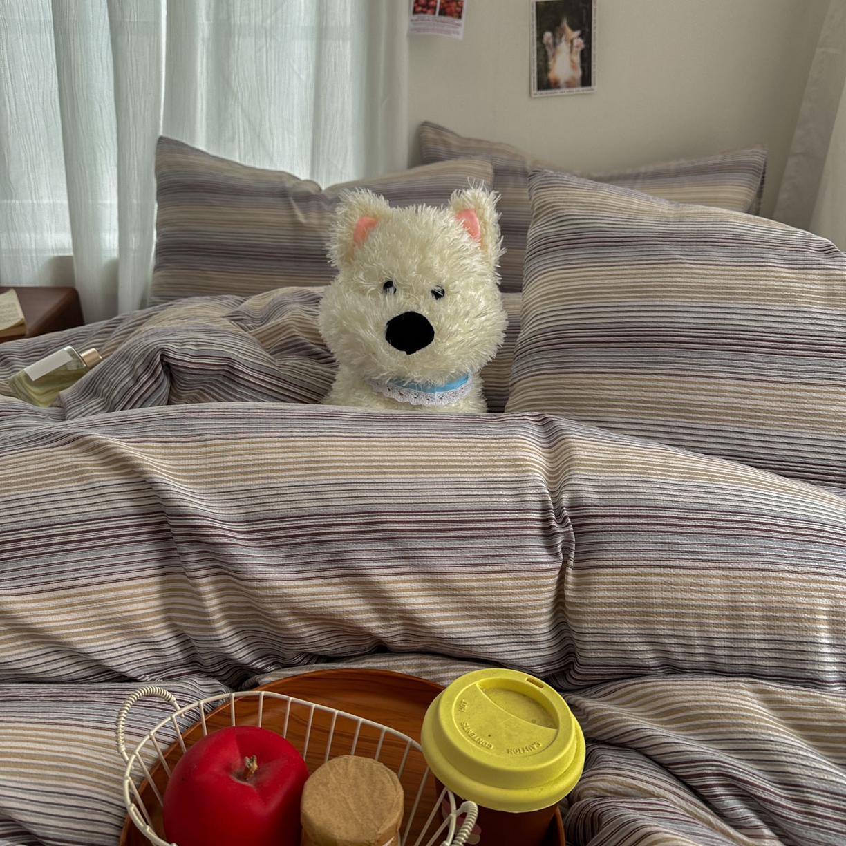 91家纺网 家纺一手货源 找家纺 思诺羽床笠 2026新款亲肤云朵双层纱无印风水洗棉三件套四件套 云纱条