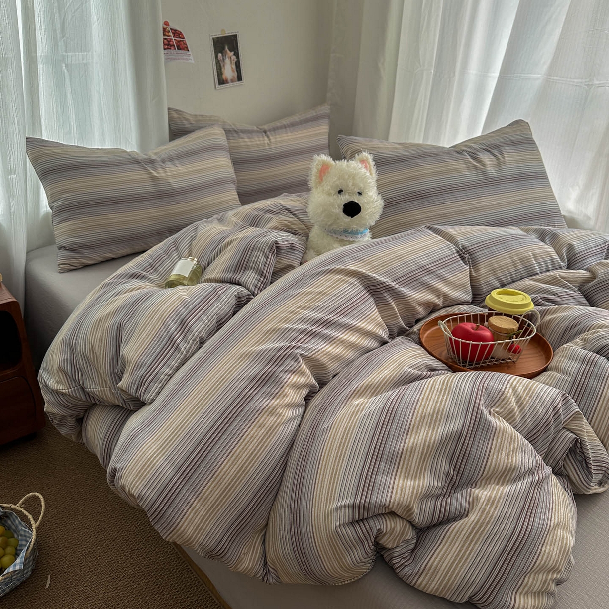 91家纺网 家纺一手货源 找家纺 思诺羽床笠 2026新款亲肤云朵双层纱无印风水洗棉三件套四件套 云纱条