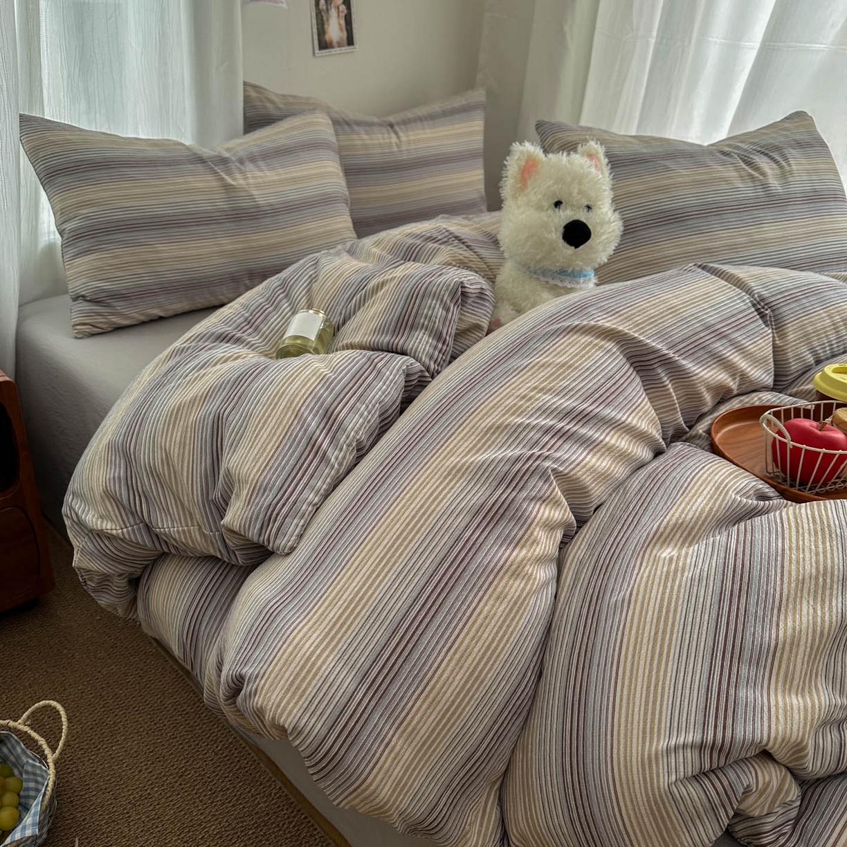 91家纺网 家纺一手货源 找家纺 思诺羽床笠 2026新款亲肤云朵双层纱无印风水洗棉三件套四件套 云纱条