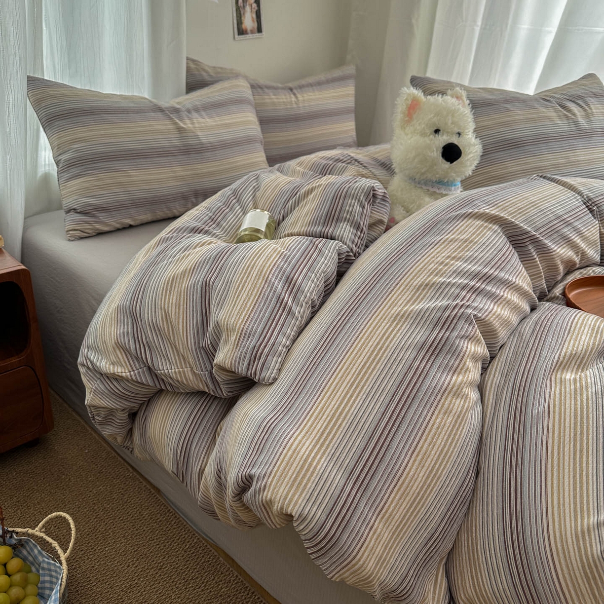 91家纺网 家纺一手货源 找家纺 思诺羽床笠 2026新款亲肤云朵双层纱无印风水洗棉三件套四件套 云纱条