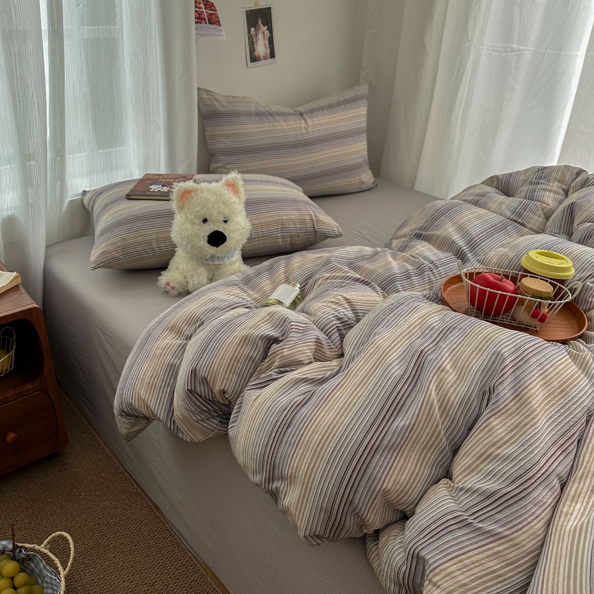 91家纺网 家纺一手货源 找家纺 思诺羽床笠 2026新款亲肤云朵双层纱无印风水洗棉三件套四件套 云纱条