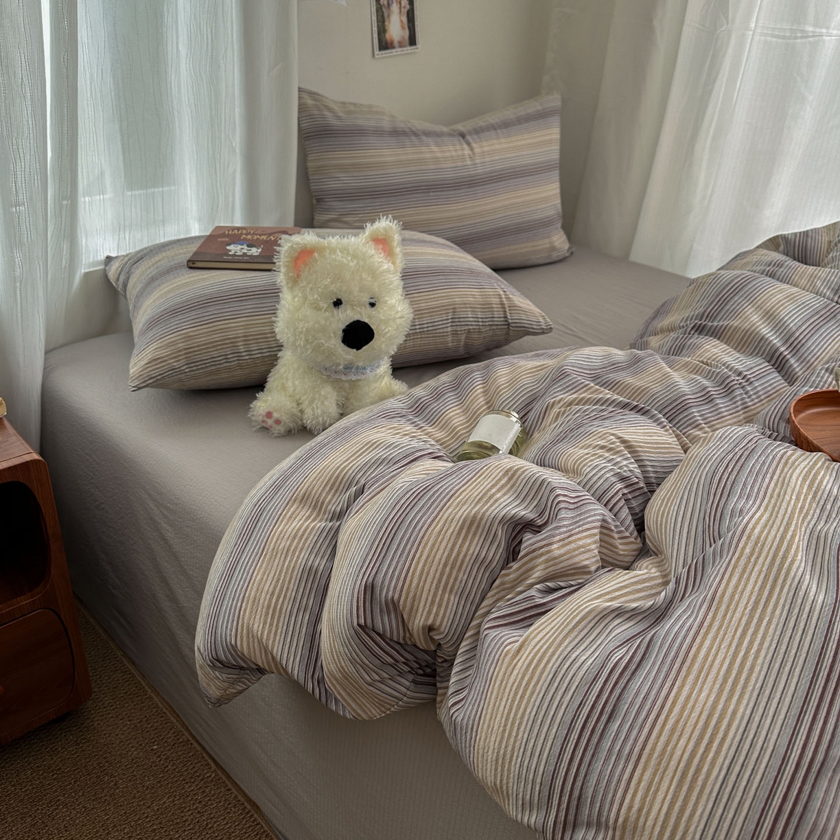 91家纺网 家纺一手货源 找家纺 思诺羽床笠 2026新款亲肤云朵双层纱无印风水洗棉三件套四件套 云纱条