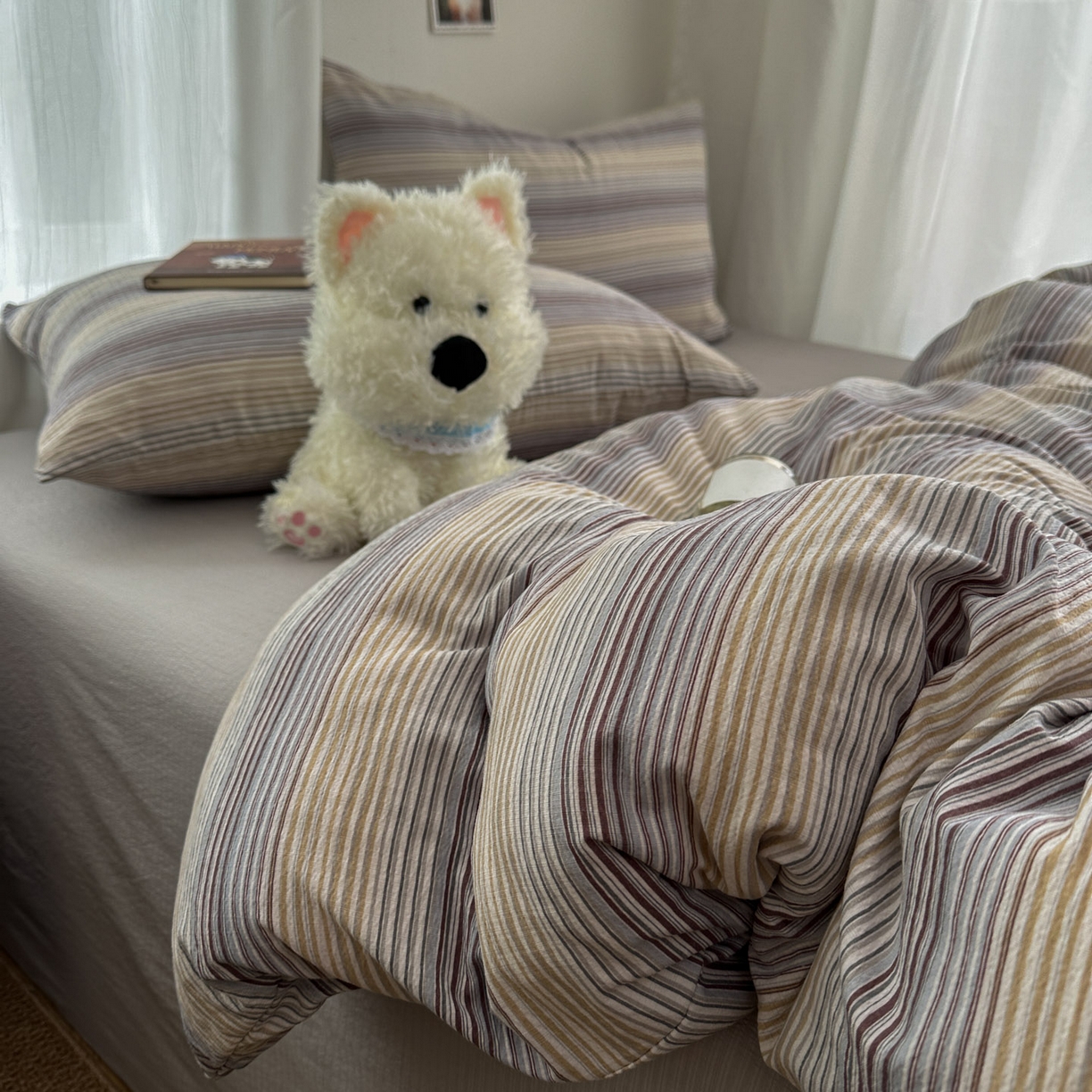 91家纺网 家纺一手货源 找家纺 思诺羽床笠 2026新款亲肤云朵双层纱无印风水洗棉三件套四件套 云纱条