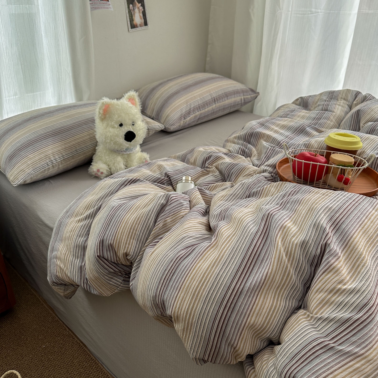 91家纺网 家纺一手货源 找家纺 思诺羽床笠 2026新款亲肤云朵双层纱无印风水洗棉三件套四件套 云纱条