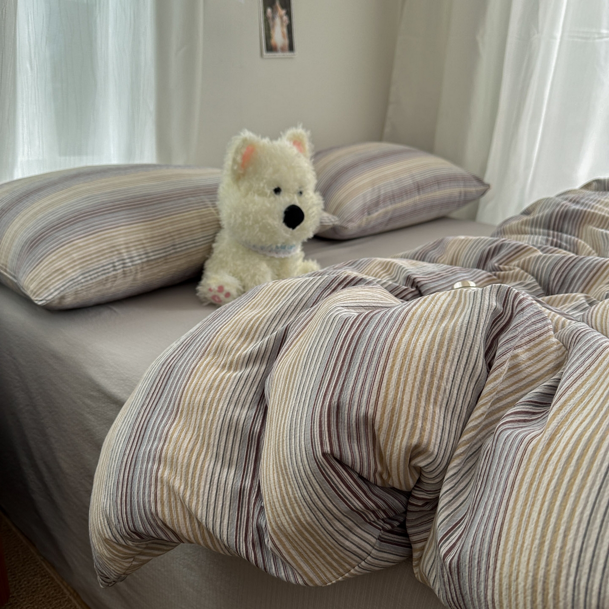 91家纺网 家纺一手货源 找家纺 思诺羽床笠 2026新款亲肤云朵双层纱无印风水洗棉三件套四件套 云纱条