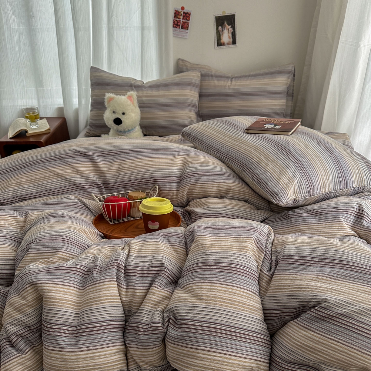 91家纺网 家纺一手货源 找家纺 思诺羽床笠 2026新款亲肤云朵双层纱无印风水洗棉三件套四件套 云纱条