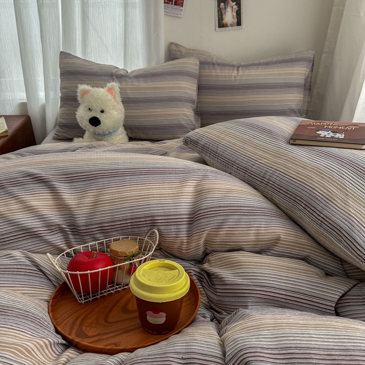 91家纺网 家纺一手货源 找家纺 思诺羽床笠 2026新款亲肤云朵双层纱无印风水洗棉三件套四件套 云纱条