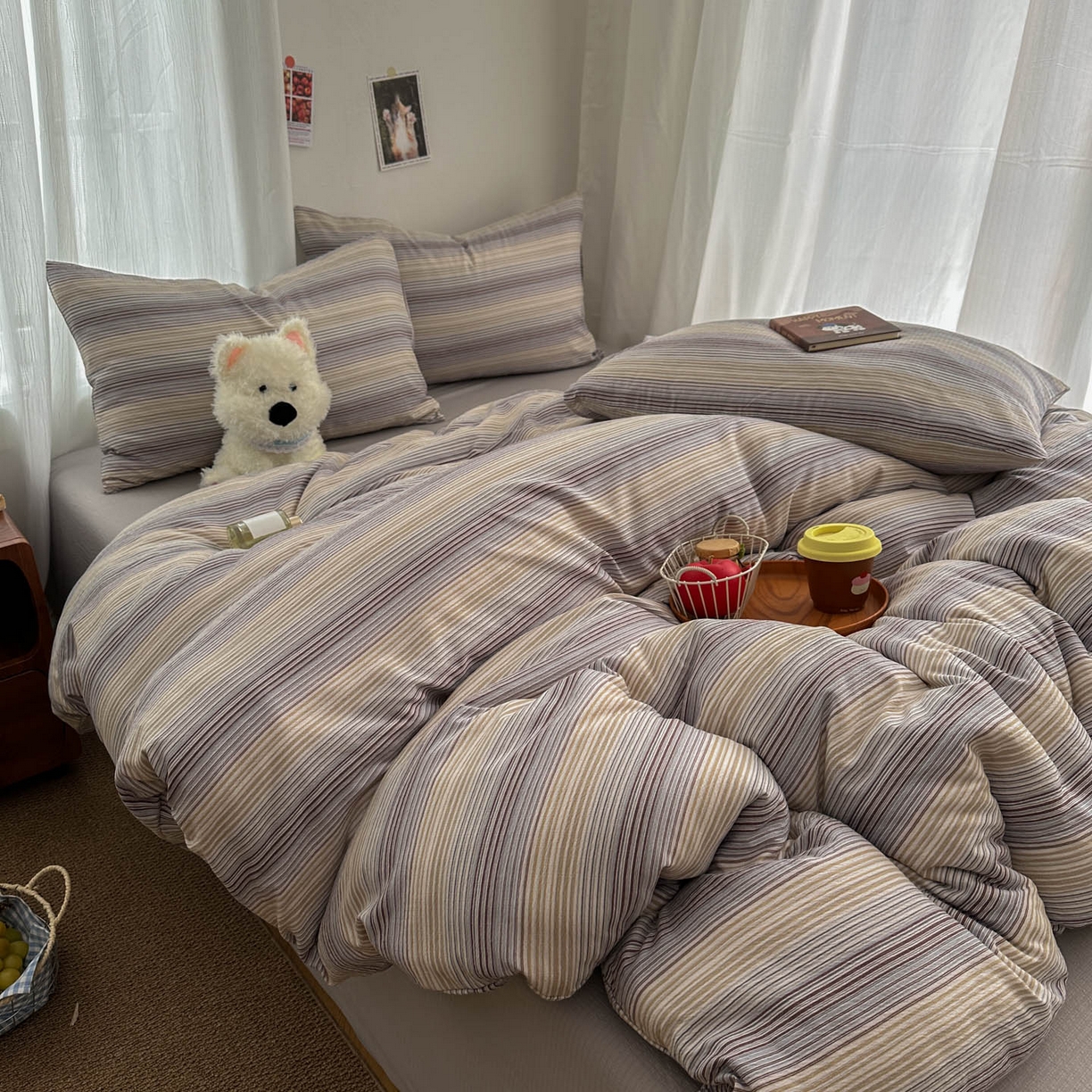 91家纺网 家纺一手货源 找家纺 思诺羽床笠 2026新款亲肤云朵双层纱无印风水洗棉三件套四件套 云纱条