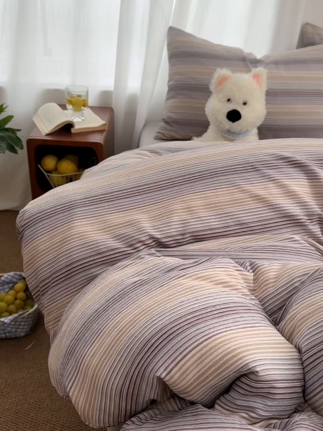 91家纺网 家纺一手货源 找家纺 思诺羽床笠 2026新款亲肤云朵双层纱无印风水洗棉三件套四件套 云纱条