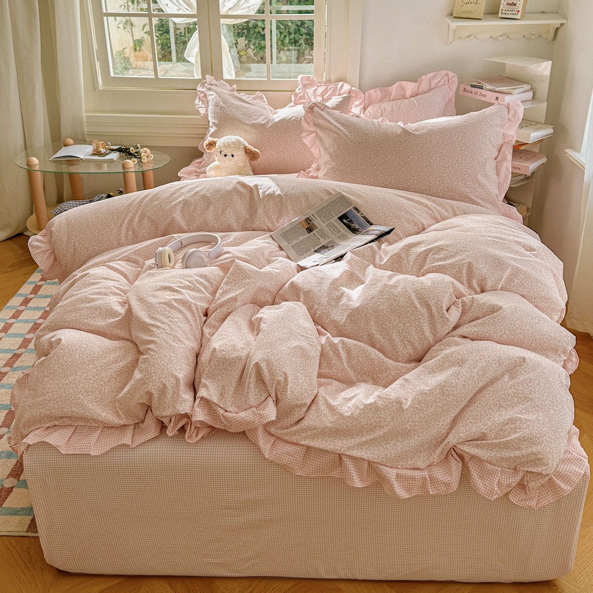 91家纺网 家纺一手货源 找家纺 （总）金梦拉家纺 2026春夏韩版花边款小碎花古法水洗仿棉A类砂洗云小棉四件套