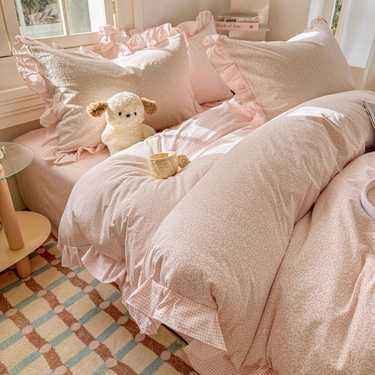 91家纺网 家纺一手货源 找家纺 （总）金梦拉家纺 2026春夏韩版花边款小碎花古法水洗仿棉A类砂洗云小棉四件套