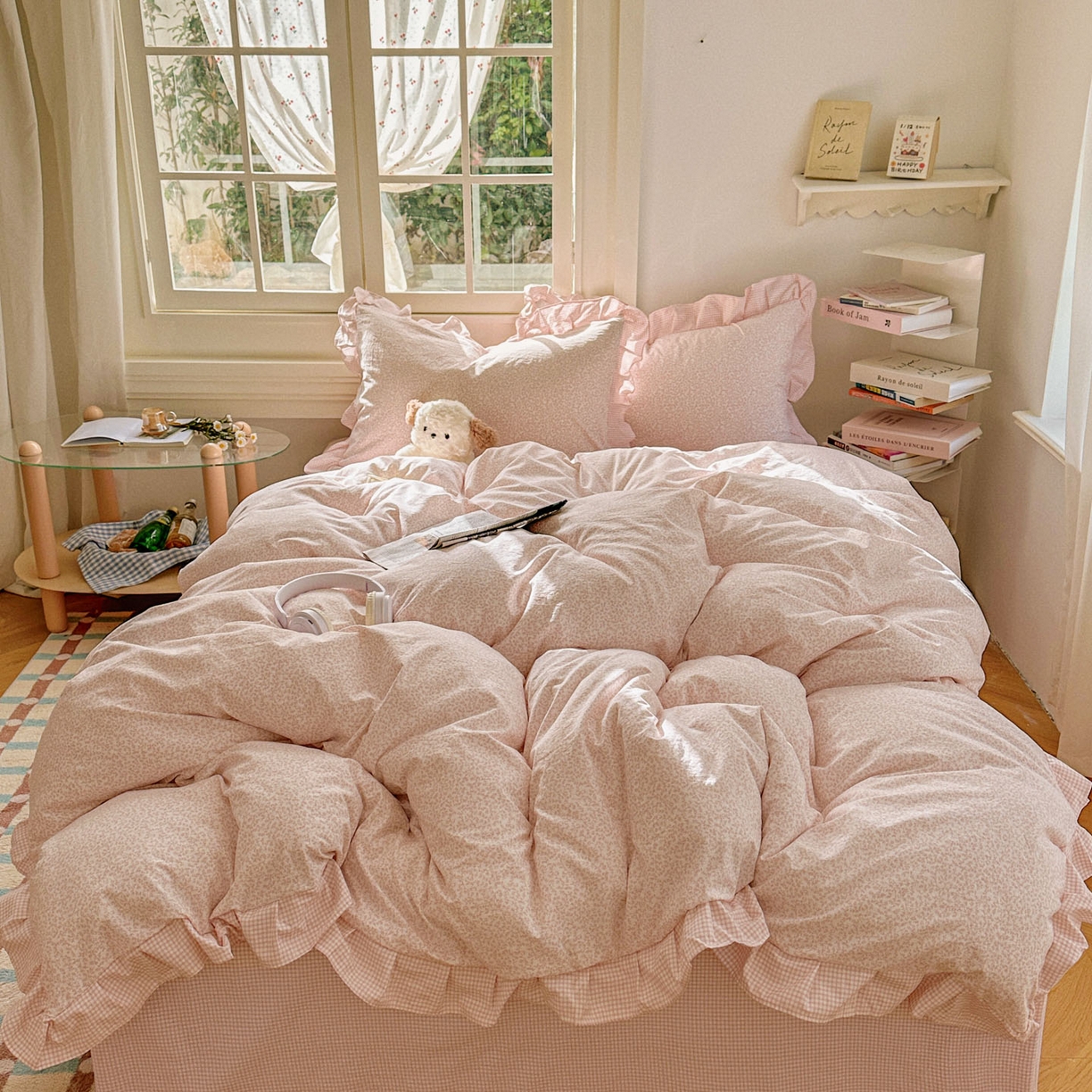 91家纺网 家纺一手货源 找家纺 （总）金梦拉家纺 2026春夏韩版花边款小碎花古法水洗仿棉A类砂洗云小棉四件套