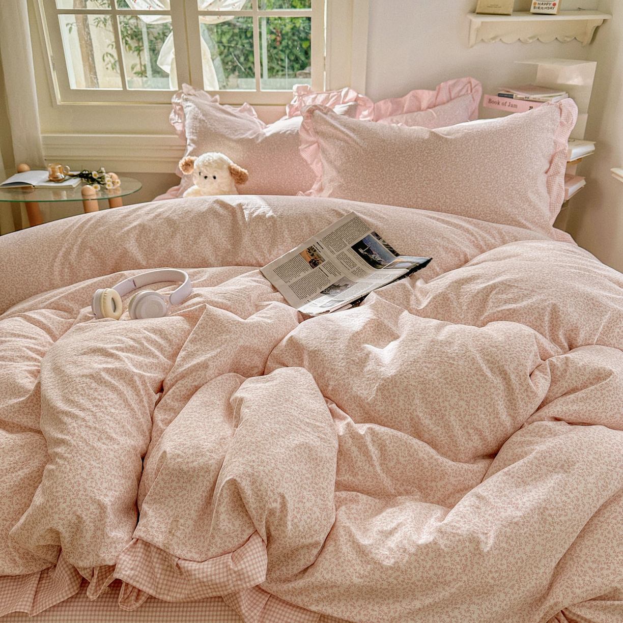 91家纺网 家纺一手货源 找家纺 （总）金梦拉家纺 2026春夏韩版花边款小碎花古法水洗仿棉A类砂洗云小棉四件套