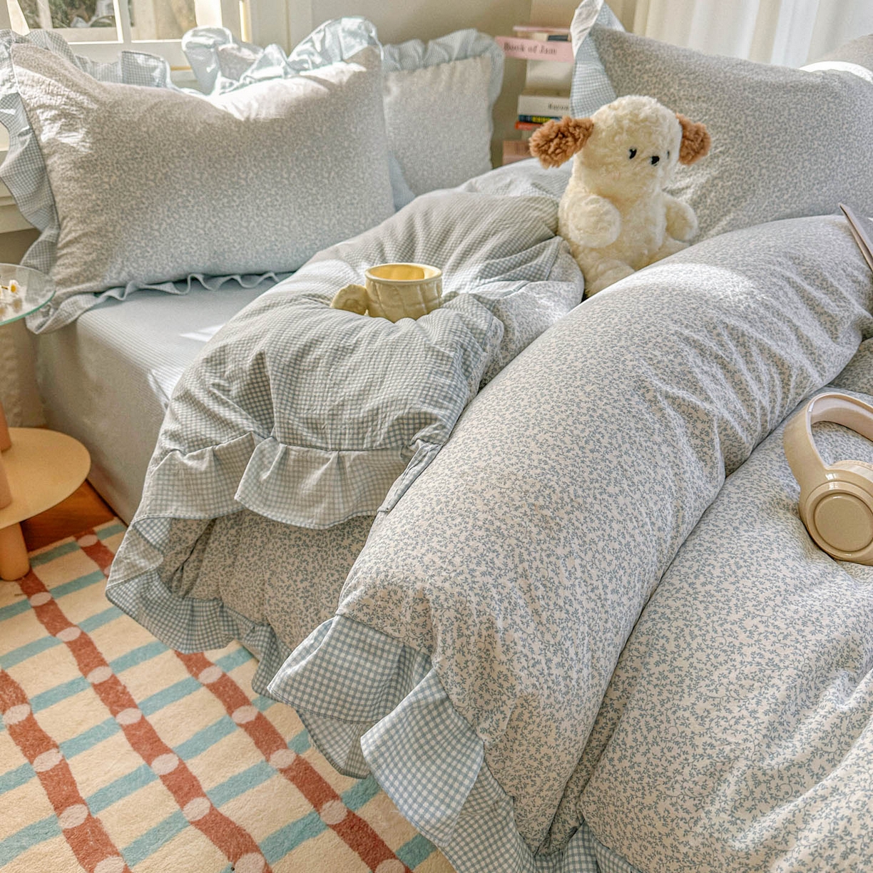 金梦拉家纺 2026春夏韩版花边款小碎花古法水洗仿棉A类砂洗云小棉四件套 海盐奶蓝